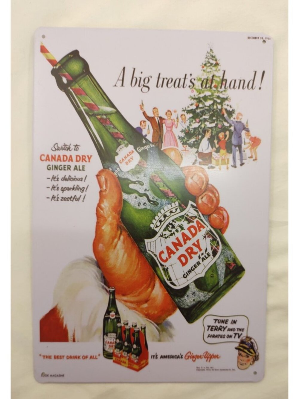Vintage Canada Dry Ginger Ale Tin Sign Santa 1957 Retro Christmas Soda Gas Pump